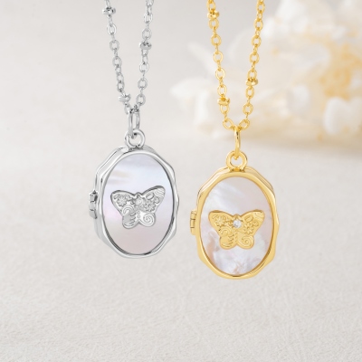 Personligt halsband med fjärilsskal och ovalt medaljong med 1-2 foton, eleganta bildsmycken, födelsedags-/årsdags-/minnespresent till henne/mamma/familj/djurälskare