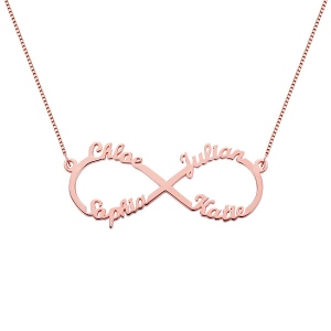 Colgante de infinito personalizado con 4 nombres chapado en oro rosa
