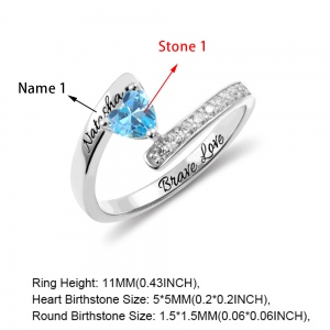 Gepersonaliseerde hart geboortesteenring met gravure zilver