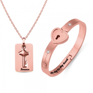 Bracciale e collana chiave personalizzati per coppia in oro roso