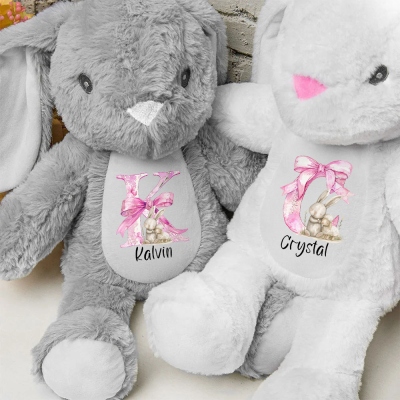 Muñeco de conejito de peluche personalizado con lazo rosa y nombre, recuerdo de conejo de peluche suave, decoración de Pascua, regalo de cumpleaños/Pascua para niños/niñas