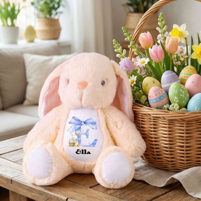 Personlig rosa rosett Initial Bunny Doll Leksak med namn, mjuk plysch kanin gosedjur minnessak, påskdekor, födelsedags-/påskpresent för barn/flickor