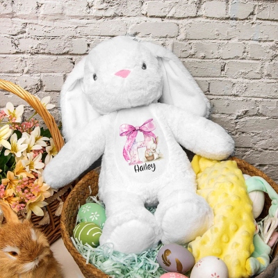 Personlig rosa rosett Initial Bunny Doll Leksak med namn, mjuk plysch kanin gosedjur minnessak, påskdekor, födelsedags-/påskpresent för barn/flickor