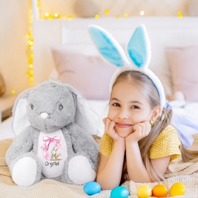 Personlig rosa rosett Initial Bunny Doll Leksak med namn, mjuk plysch kanin gosedjur minnessak, påskdekor, födelsedags-/påskpresent för barn/flickor