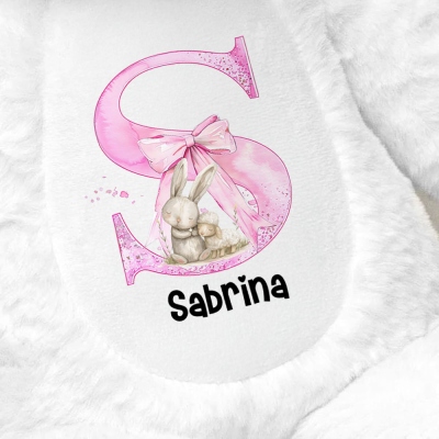 Personlig rosa rosett Initial Bunny Doll Leksak med namn, mjuk plysch kanin gosedjur minnessak, påskdekor, födelsedags-/påskpresent för barn/flickor