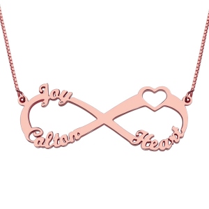 Colgante infinito con corazón y 3 nombres en oro rosa