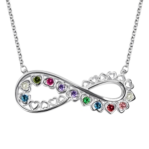 Collar único con forma de infinito, corazón y piedra de nacimiento bañado en platino