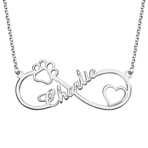 Collar de infinito con nombre y huella de zarpa personalizable en plata