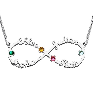 Colgante de infinito personalizado con 4 nombres con piedras de nacimiento en plata