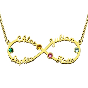 Colgante de infinito personalizado con 4 nombres con piedras de nacimiento en oro