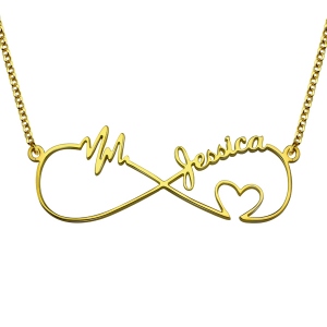 Colgante de infinito con latido de corazón y nombre en plata chapada en oro